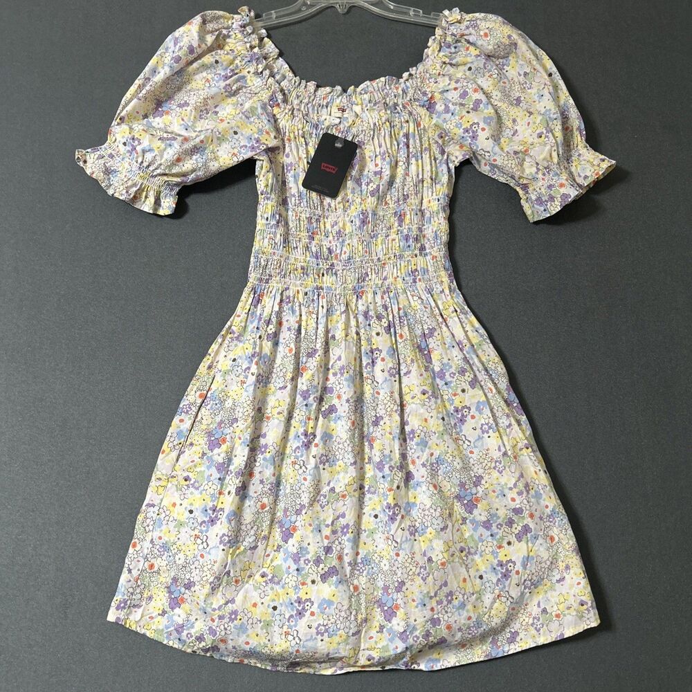 Levis Dress Womens Short Puff Sleeve Elastic Mid Pockets Cotton Floral NEW Sz L